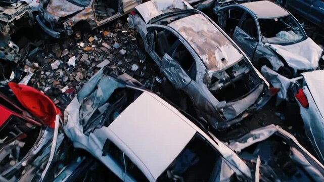 Numerous severely damaged automobiles are piled high in a sprawling outdoor scrap yard. Twisted metallic forms create an industrial waste scene. Rusty vehicles await processing.