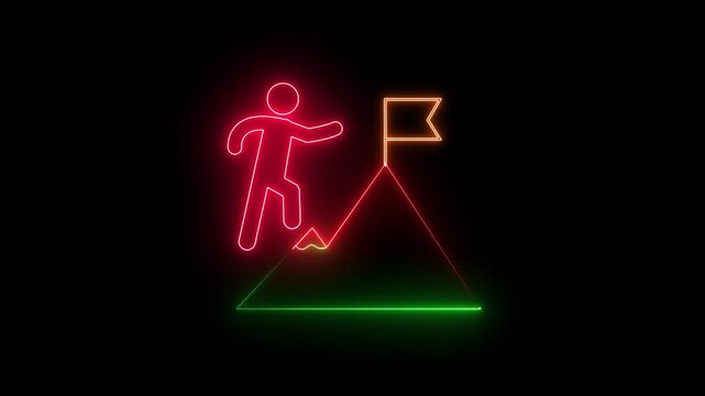 Glowing neon line of man conquering mountain peak icon isolated on transparent background. Business concept of victory, success, goal achiever, win, best worker, top employee and leadership.balck back