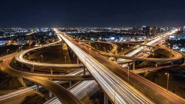 Aerial view of illuminated highway interchange at night with light trails