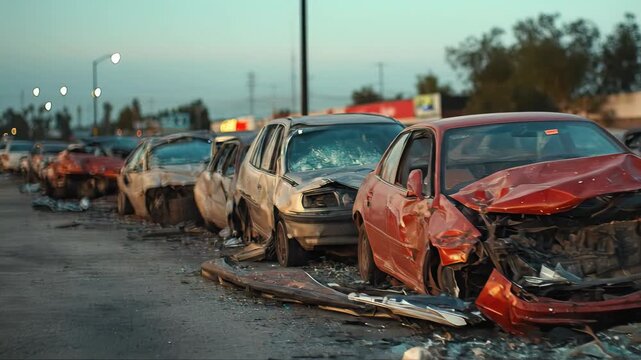 Multiple destroyed cars lined up on a desolate roadside during dusk, displaying extensive impact wreckage, crumpled bodywork, and scattered fragments. Abandoned vehicles.