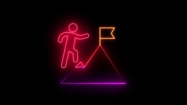 Glowing neon line of man conquering mountain peak icon isolated on transparent background. Business concept of victory, success, goal achiever, win, best worker, top employee and leadership.balck back