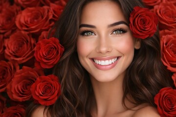 Beautiful young model, woman with perfect skin and snow white smile, long hair surrounded by bright red roses.