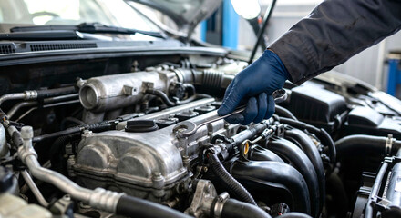 Fototapeta premium A gloved mechanic's hand diligently works with a wrench on the complex components of a modern car engine during routine maintenance.