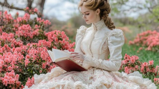 Elegant lady in a sophisticated 1800s period gown, adorned with delicate lace and ruffles, quietly reads a classic book amidst lush, vibrant pink blossoms in a tranquil garden setting.