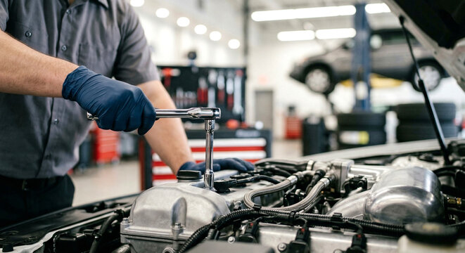 A skilled mechanic uses a socket wrench to perform engine maintenance on a car in a professional, well-equipped auto repair shop.