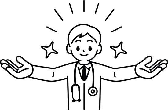 A smiling doctor with outstretched arms and a stethoscope around his neck