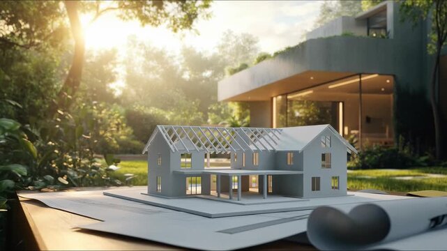 Architectural design process, a detailed three dimensional house model, future home vision, residential property planning, modern green living, sunlit natural environment