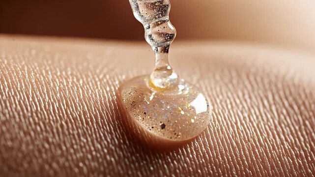 Close Up Macro Shot Of A Dropper Dispensing Clear Serum With Glitter Onto Textured Skin Surface With Warm Soft Lighting And Shallow Depth Of Field