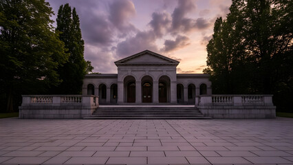 Obraz premium A large white building with columns stands on stone steps surrounded by trees at sunset