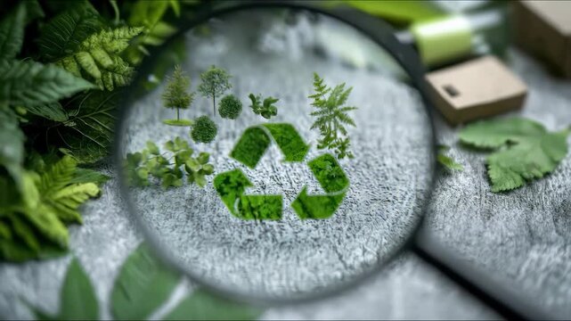 Magnifying glass shows a green Mobius Loop, symbolizing ecological sustainability, environmental protection, nature's vital oxygen, and essential carbon cycle greenery on earth