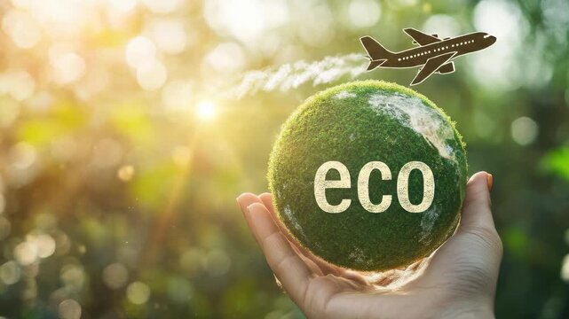 Hand holding green eco globe, airplane flight, symbolizing environmental impact, sustainable journey, ecology, natural balance, oxygen production, carbon footprint, Mobius Cycle,
