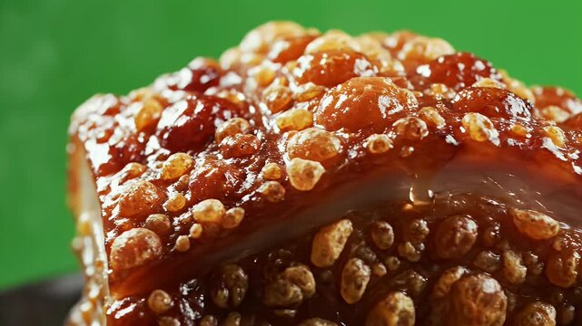 Close up Macro Shot Of Crispy Golden Pork Belly Lechon With Bubbling Crackling Skin On Green Background Food Commercial
