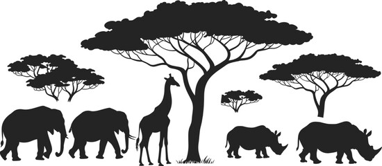 African savanna silhouettes, elephants, giraffe, rhinoceroses, acacia trees, wildlife scene, biodiversity, nature illustration, safari animals, ecosystem, conservation, natural habitat © MDRAJ
