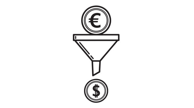 Coins with currency symbols passing through a funnel, symbolizing financial exchange and conversion processes.