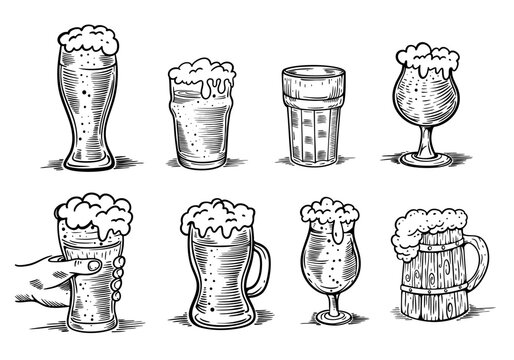 Vector retro illustration set with different beer glasses mugs and pints in sketch style