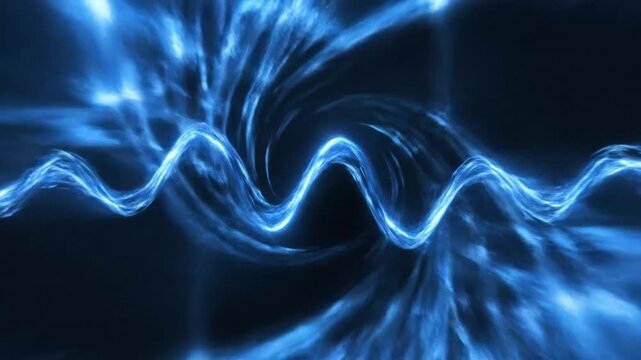 Abstract blue energy vortex forming a spiraling black hole effect and wavy neon light elements on black background