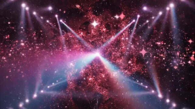 Abstract red energy portal with spotlights in outer space, dynamic cosmic backdrop with celestial patterns