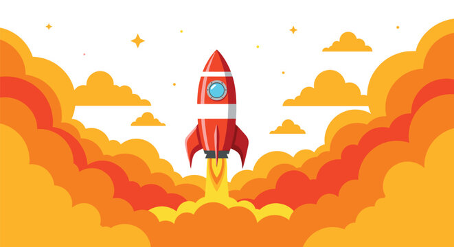 A red flat-design rocket launches upwards, surrounded by large orange and yellow cloud formations on a white background.
