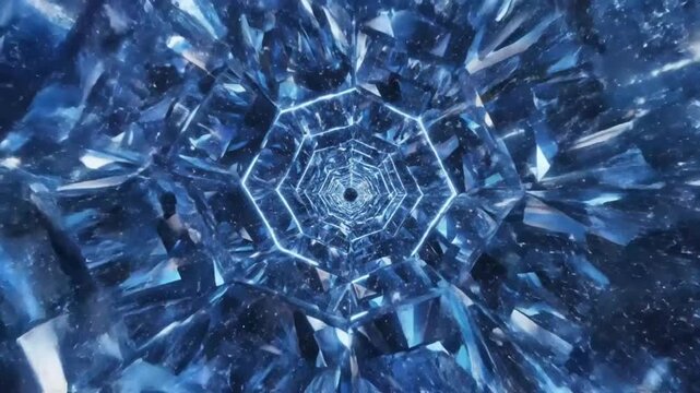Abstract futuristic blue crystal tunnel infinite perspective with glowing neon hexagon frames and depth illusion
