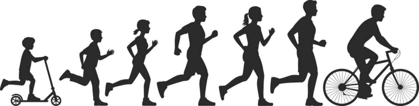Silhouette collection of human growth stages, childhood to adulthood artwork, mobility and exercise illustration, life progression design inspiration