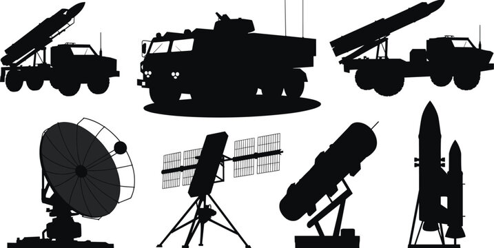 Silhouette collection of military vehicles and aerospace equipment, defense technology artwork, radar and missile system illustration