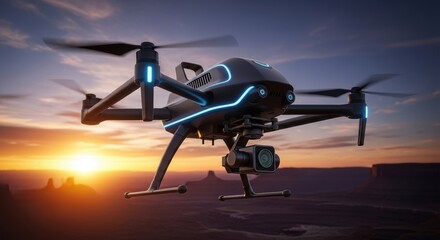 Fototapeta premium Futuristic drone flying over scenic desert landscape at sunset