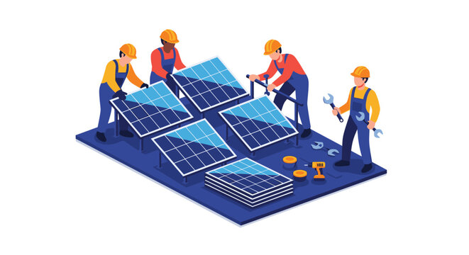 Four construction workers in hard hats and overalls are installing multiple blue solar panels on a dark blue platform.