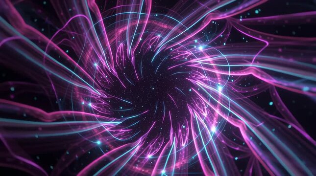 3D digital fractal bloom emerging black void, neon pink, blue purple glowing patterns spiraling outward, fractal tendrils twisting pulsating organically, futuristic cyberpunk style, high-resolution