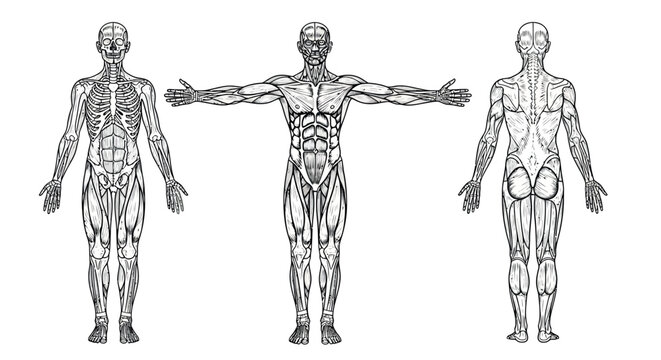 A detailed medical illustration showing the human muscular system from front, back and side views