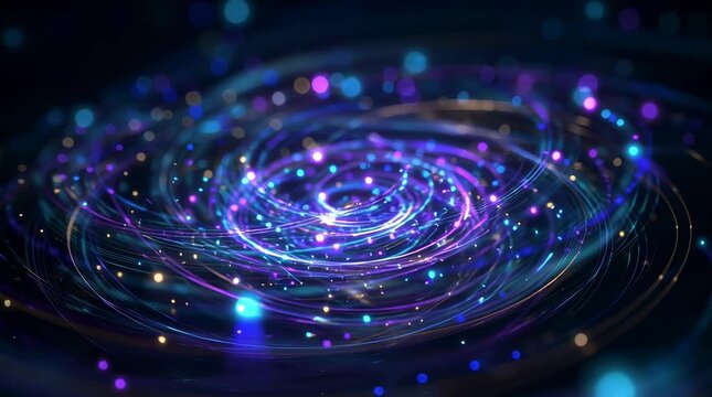 3D spinning vortex multicolored quantum particles, glowing orbs light trails, rotating slow motion, abstract energy field, high-tech futuristic concept, neon highlights blue, purple cyan, dark