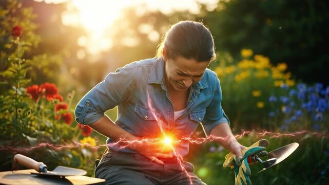 Experiencing intense stomach pain, a woman clutches her abdomen, depicting symptoms of gastritis, ulcers, or acid reflux during outdoor activities, highlighting digestive distress