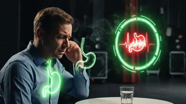 Man experiencing stomach pain, indigestion, and heartburn, illustrating digestive system distress, gastritis, stomach ulcers, and reflux symptoms with medical graphics 