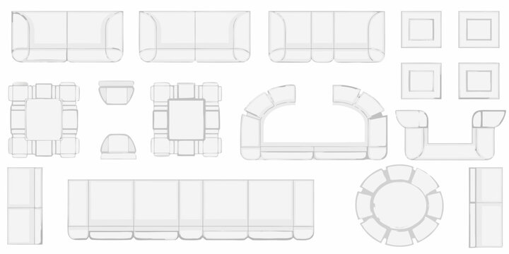 Architectural floor plans of various modern furniture layouts displayed overhead