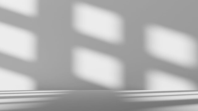 3D white studio room with a window shadow on the wall. Sunlight moves across the empty room. Background for product display, copy space. Abstract animation video pattern.