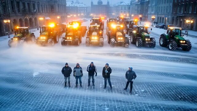 farmers protest in city center after severe frost destroyed crops and seedlings, tractors blocking streets near municipal buildings, economic loss, food shortage risk, climate impact on agriculture