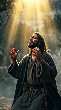 Jesus Christ, heartfelt prayer in the Garden of Gethsemane, spiritual anguish, divine light, moment of profound sacrifice, biblical narrative