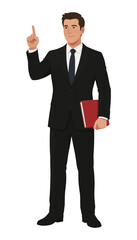 Fototapeta premium Businessman in Suit Holding Folder, Pointing Upwards, Vector Illustration for Presentations and Marketing