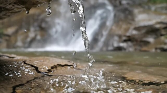 Close-up view of fresh water droplets cascading from a rocky ledge into a clear mountain stream, capturing nature's beauty