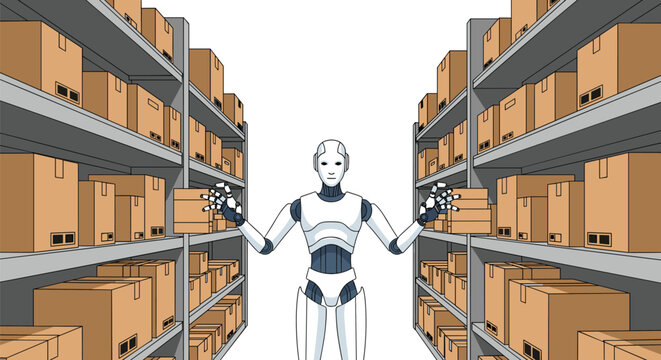 A white humanoid robot stands between warehouse shelves, holding brown cardboard boxes in a bright, clean setting.
