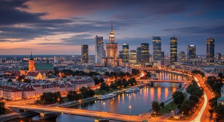 Naklejka premium Warsaws Skyline at Dusk - A Captivating Urban Panorama.