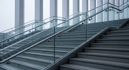 Fototapeta premium Modern Grey Outdoor Staircase with Glass Railings Leading Upward in Rain, Minimalist Urban Architecture and Corporate Progress Background