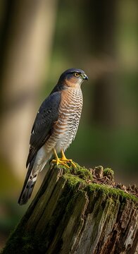Sharp shinned hawk perched on a mossy tree stump in a forest setting