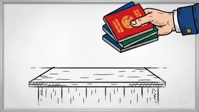 Whiteboard animation of hand placing passports on table for border control, illustrating travel document verification, identity check process and international crossing procedure
