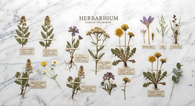 Professional Botanical Herbarium Sheet with Labeled Dried Plant Specimens on White Marble