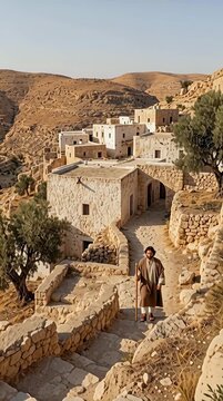 Quiet ancient stone town of Ephraim on a rocky hillside vertical video