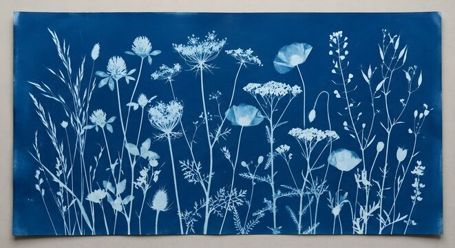 Wide Panoramic Blue Cyanotype Print of Wild Meadow Grasses and Field Flowers
