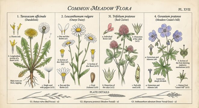 Vintage Botanical Educational Poster of Common Meadow Flora with Detailed Scientific Illustrations