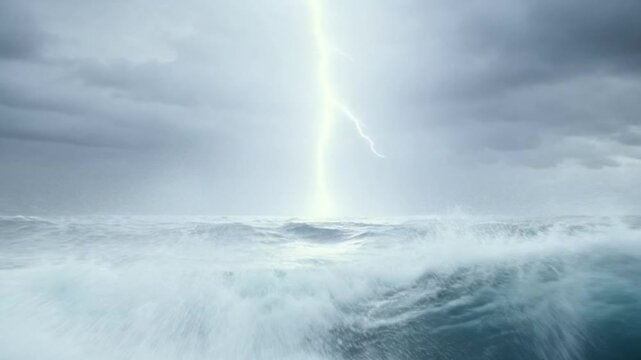 Dramatic stormy ocean waves under a dark and ominous sky
