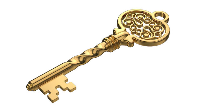 A large golden key with ornate design PNG isolated on transparent background