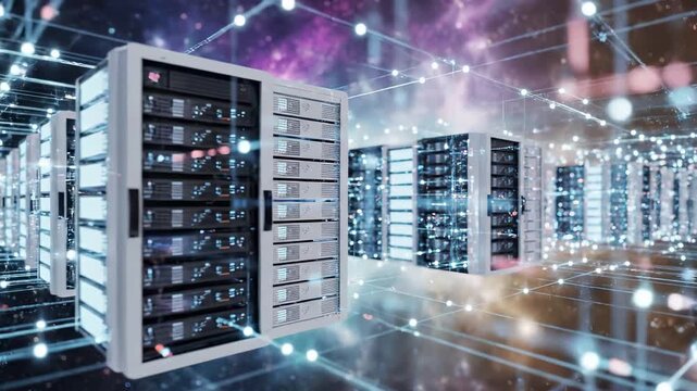 server rack unit in datacenter with glowing network mesh nodes and cosmic. Cloud computing data storage infrastructure and hardware technology. Digital enterprise it and global center system